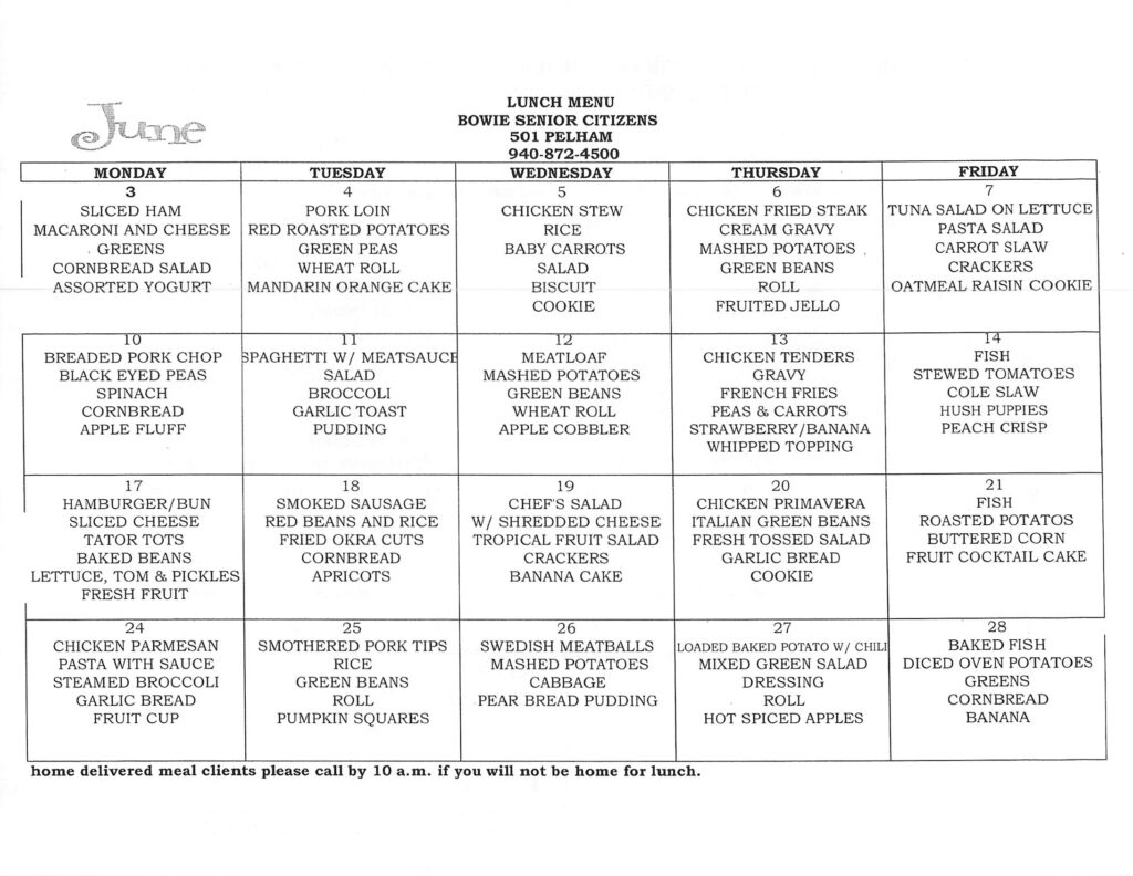 Current Month Lunch Menu – Bowie Senior Citizens Project