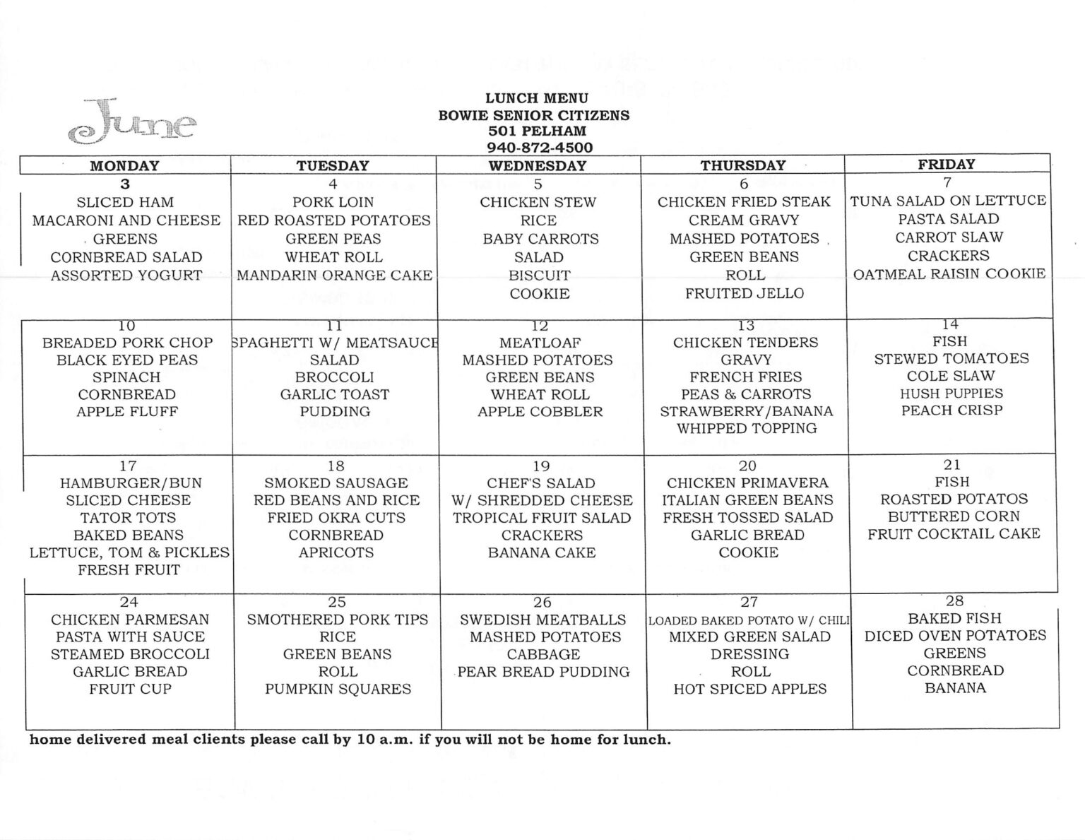 Current Month Lunch Menu – Bowie Senior Citizens Project